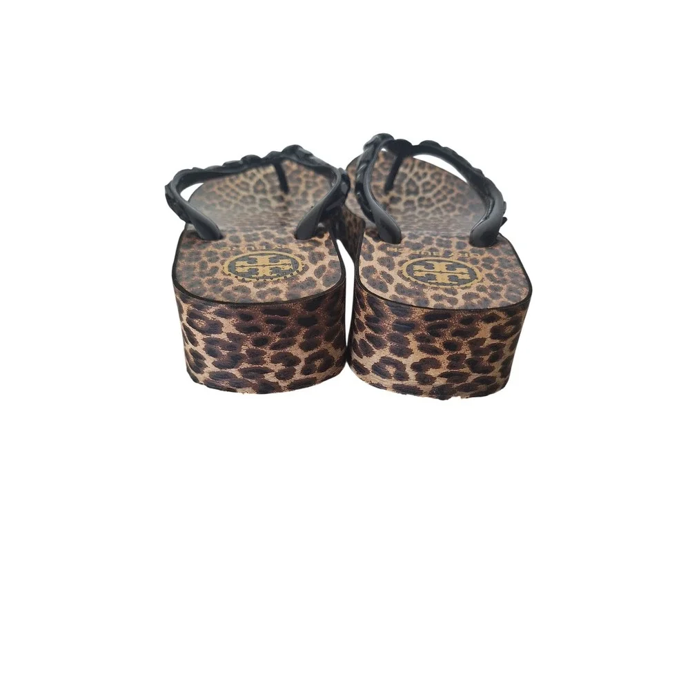 Tory Burch Leopard Print Wedge Platform Flip Flops Studded Black Straps Size 9.5